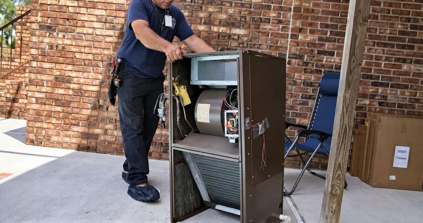 A technician inspecting the blower inside an opened HVAC air handler
