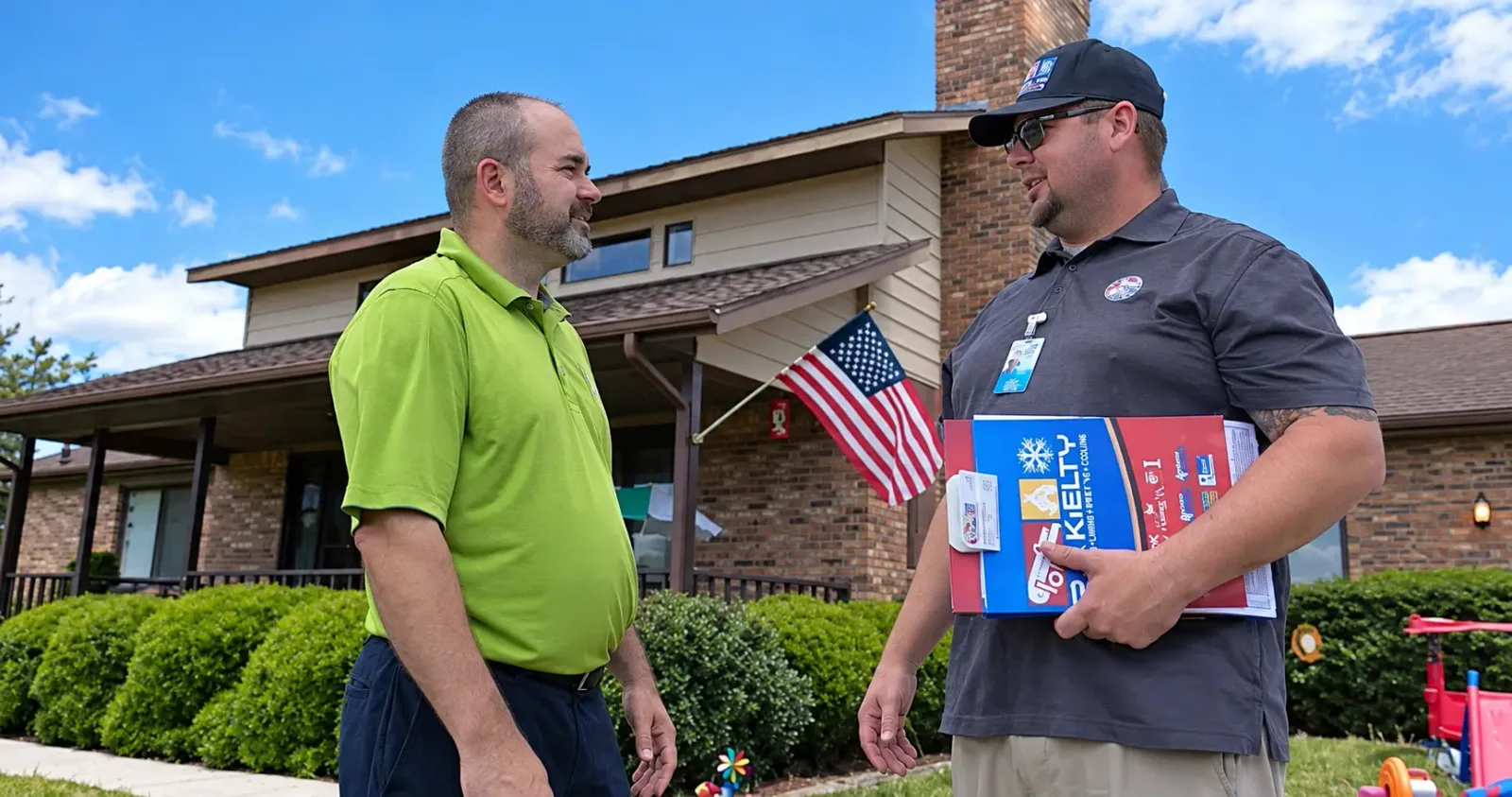 An R.J. Kielty representative at a customer's front door with service paperwork in hand