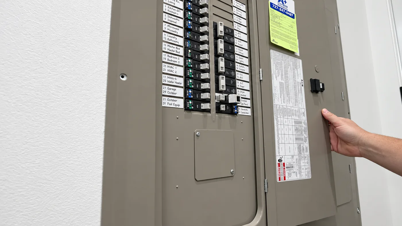 A close-up of an R.J. Kielty electrician reviewing a home's breaker panel