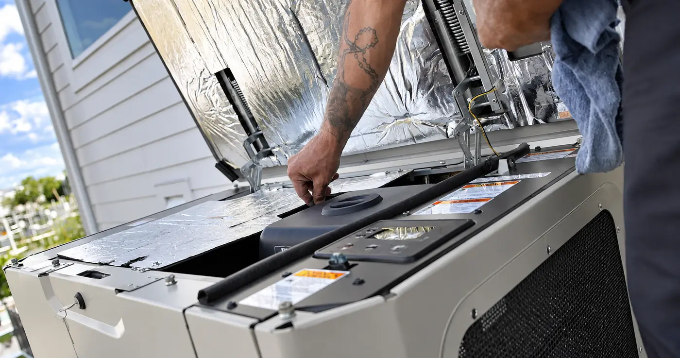 A technician servicing the internal components of an opened standby generator